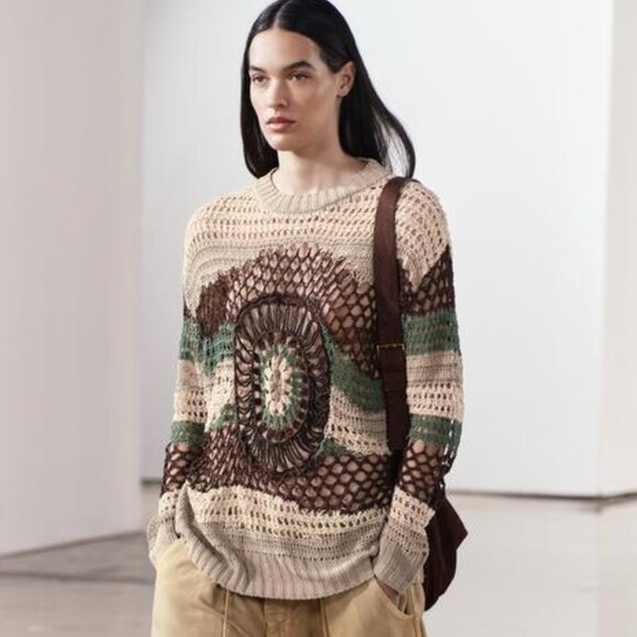 NWT BEIGE GREEN MULTICOLOR BEADED CROCHET OVERSIZED KNIT SWEATER LIMITED EDITION - Picture 5 of 10